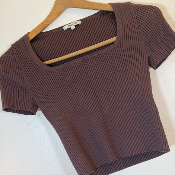 Madewell Sweaters - New Madewell Brown Ribbed Square Neck Short Sleeve Cropped T shirt Top Size S